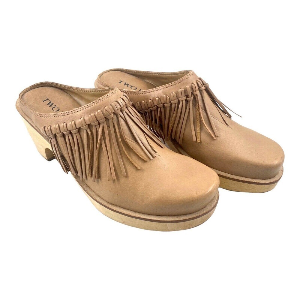Two Lips Sylvia Leather Fringed Mules Wood Clogs Slip On Shoes Chunky Heel 8M
